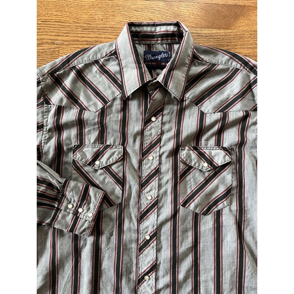 VTG Wrangler Pearl Snap Western Shirt - Black/Gray/Red X-Long Tail -‎ Large